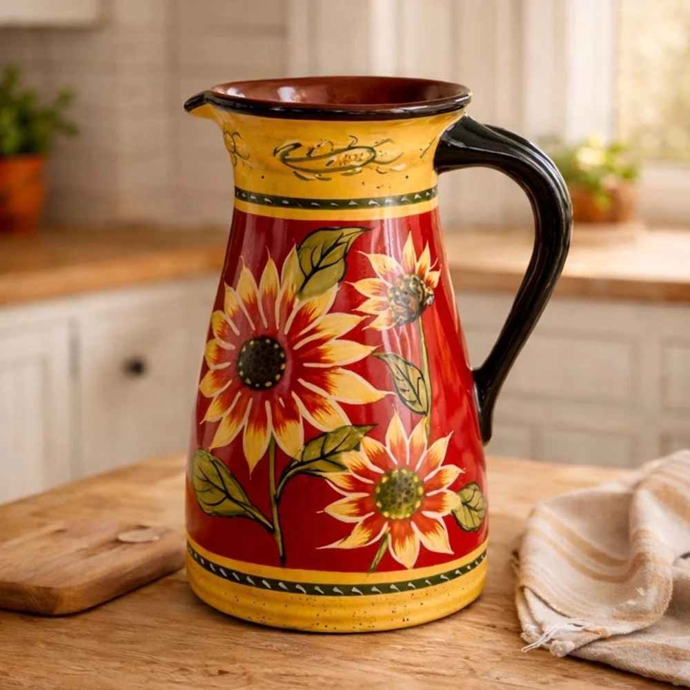 Pier 1 Imports Sunflower Pitcher Hand Painted Terracotta Tuscan Farmhouse